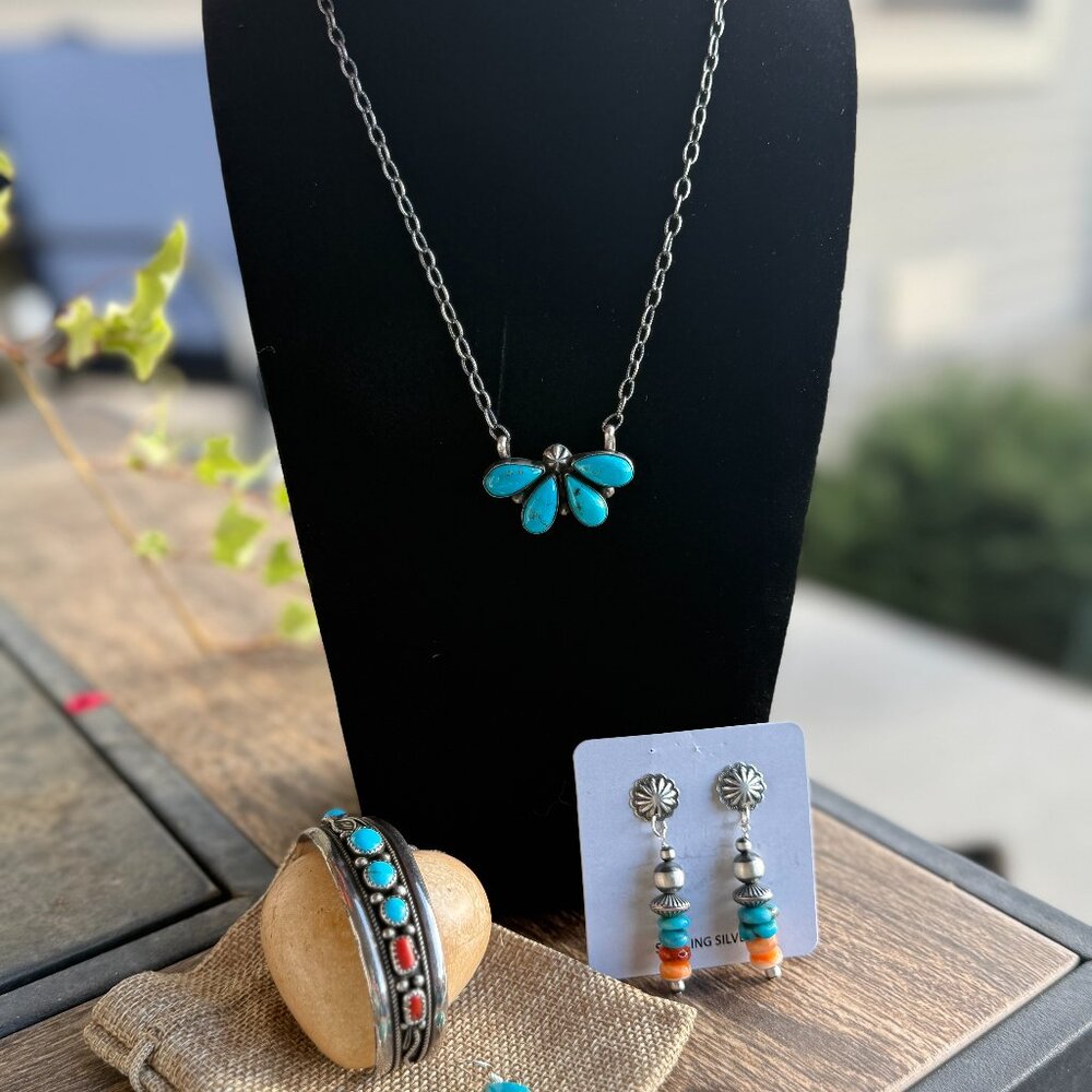 Handmade Sterling Silver & Turquoise Half Cluster Necklace